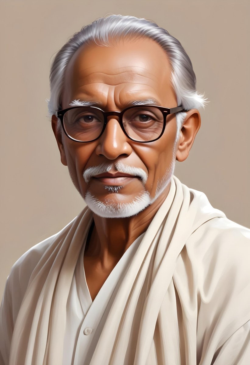 An Indian Man Age 70 With Light Brown Skin Brown Hair Wearing Round Glasses And A White Shawl Light Brown Background 35 A58b