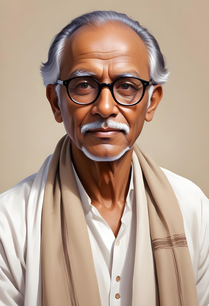 An Indian Man Age 70 With Light Brown Skin Brown Hair Wearing Round Glasses And A White Shawl Light Brown Background 39 C518