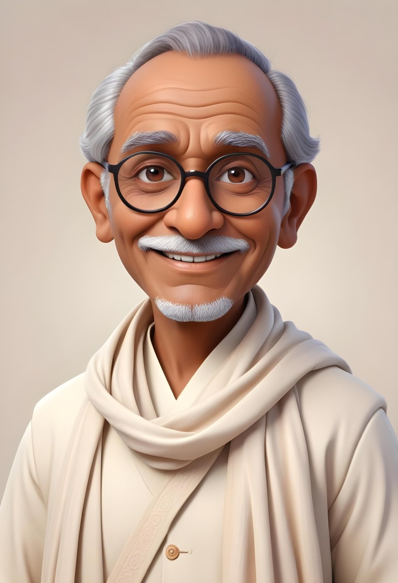 An Indian Man Age 70 With Light Brown Skin Brown Hair Wearing Round Glasses And A White Shawl Light Brown Background 48 Eeb5