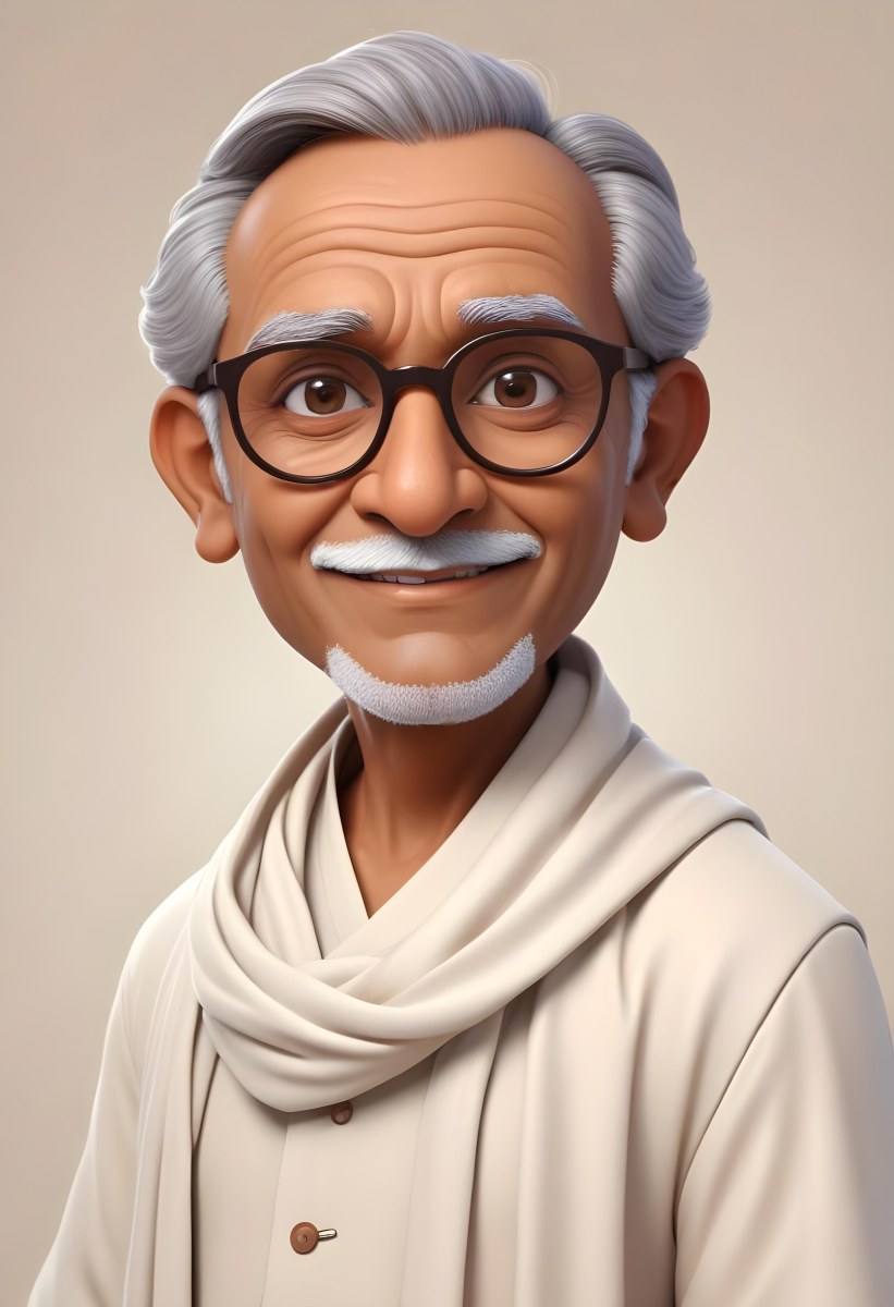 An Indian Man Age 70 With Light Brown Skin Brown Hair Wearing Round Glasses And A White Shawl Light Brown Background 66 8326
