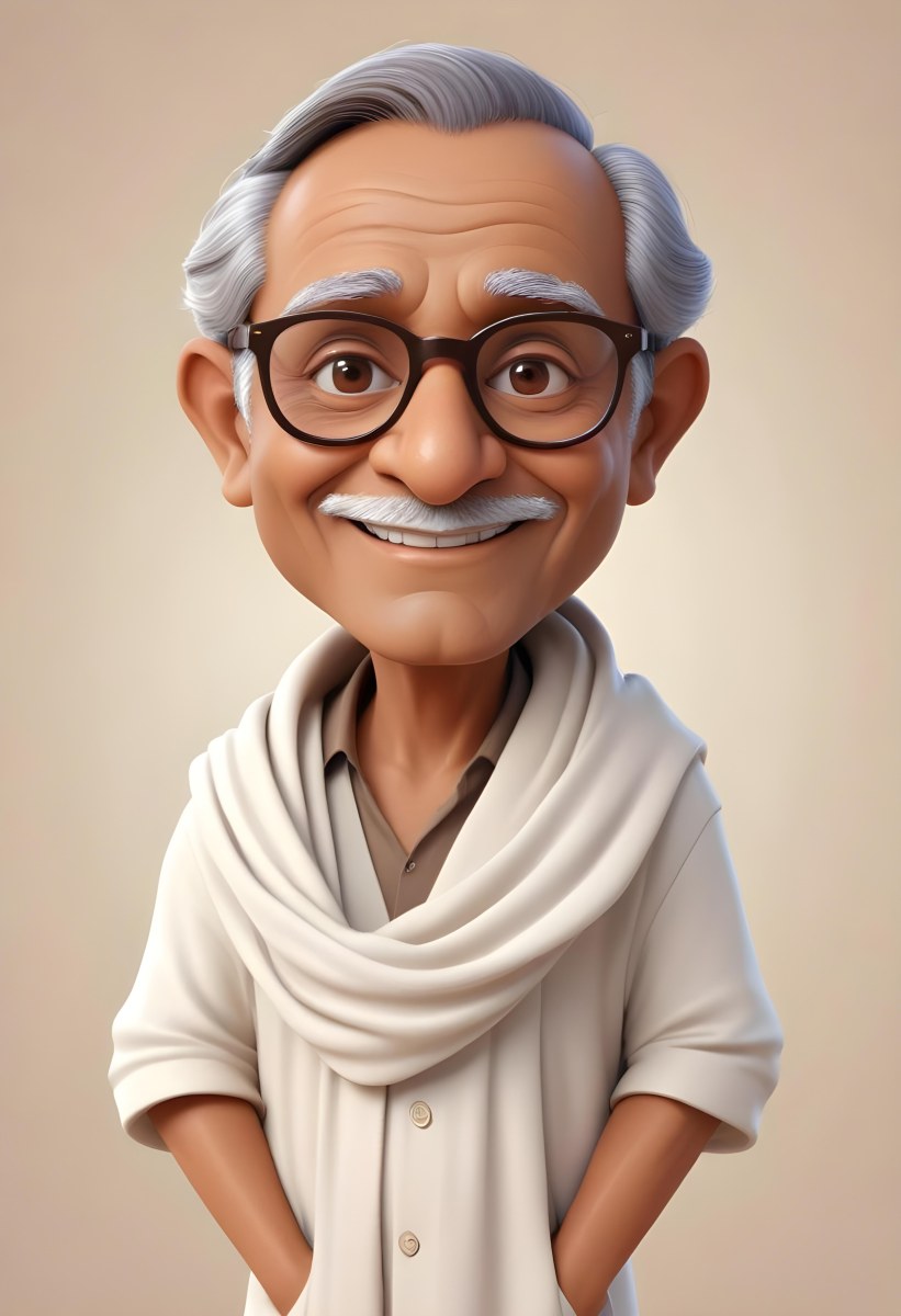 An Indian Man Age 70 With Light Brown Skin Brown Hair Wearing Round Glasses And A White Shawl Light Brown Background 77 Cbb8