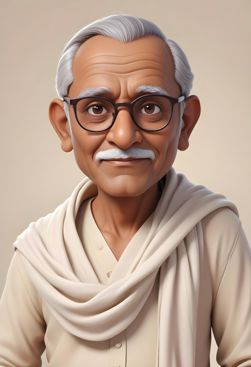An Indian Man Age 70 With Light Brown Skin Brown Hair Wearing Round Glasses And A White Shawl Light Brown Background 78 47e5