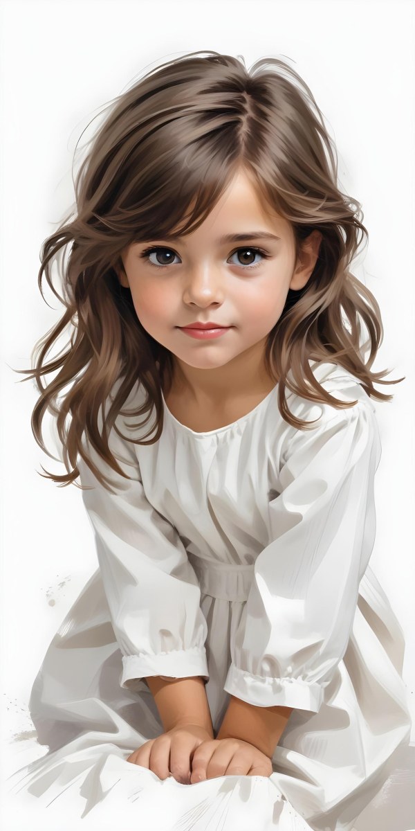 Caucasian Girl Age 7 With Brown Hair And Brown Eyes Wearing A White Dress Sitting In A White Background 10 C98e