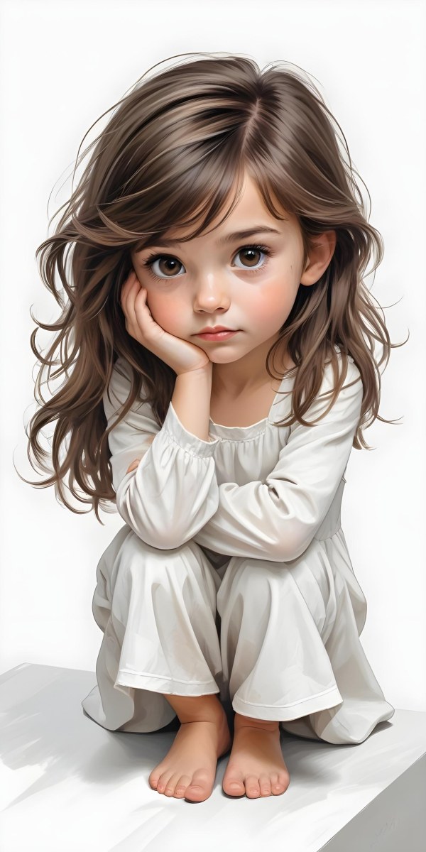 Caucasian Girl Age 7 With Brown Hair And Brown Eyes Wearing A White Dress Sitting In A White Background 13 6d54