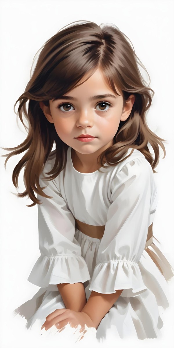 Caucasian Girl Age 7 With Brown Hair And Brown Eyes Wearing A White Dress Sitting In A White Background 14 C33c