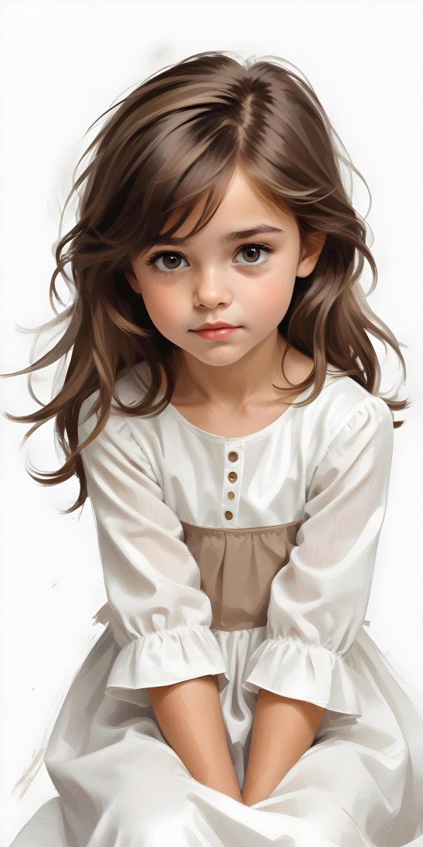 Caucasian Girl Age 7 With Brown Hair And Brown Eyes Wearing A White Dress Sitting In A White Background 18 6580