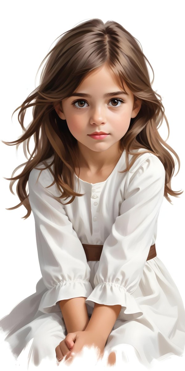 Caucasian Girl Age 7 With Brown Hair And Brown Eyes Wearing A White Dress Sitting In A White Background 22 Bcd5