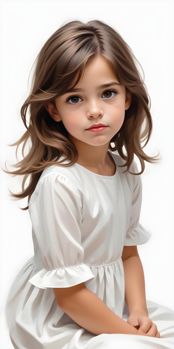 Caucasian Girl Age 7 With Brown Hair And Brown Eyes Wearing A White Dress Sitting In A White Background 27 720e