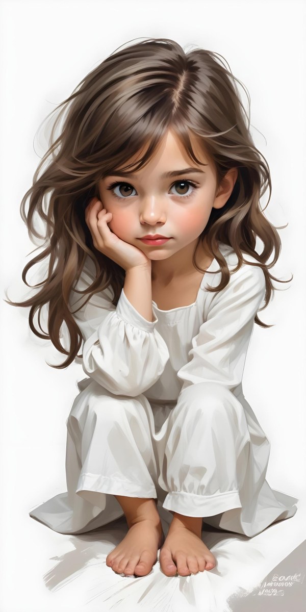 Caucasian Girl Age 7 With Brown Hair And Brown Eyes Wearing A White Dress Sitting In A White Background 28 0403