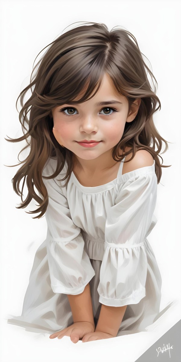 Caucasian Girl Age 7 With Brown Hair And Brown Eyes Wearing A White Dress Sitting In A White Background 29 3452