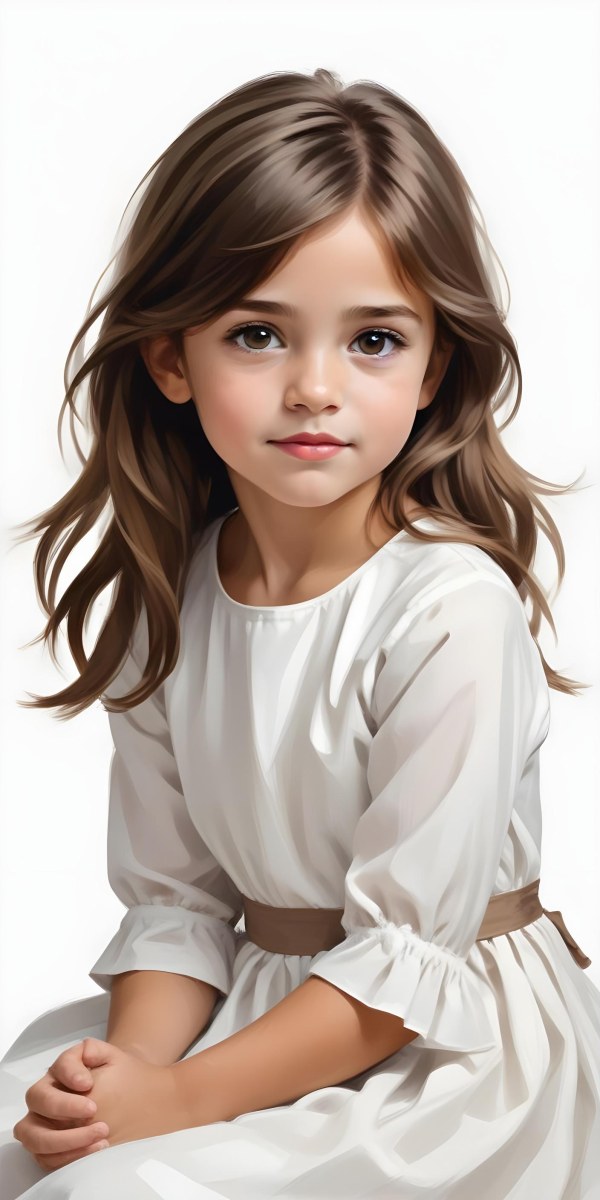 Caucasian Girl Age 7 With Brown Hair And Brown Eyes Wearing A White Dress Sitting In A White Background 3 2cc3