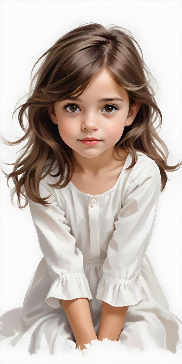 Caucasian Girl Age 7 With Brown Hair And Brown Eyes Wearing A White Dress Sitting In A White Background 31 B7ef