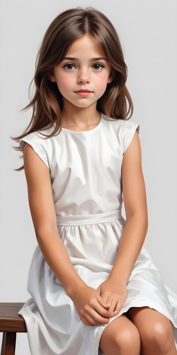 Caucasian Girl Age 7 With Brown Hair And Brown Eyes Wearing A White Dress Sitting In A White Background 6 C9cc
