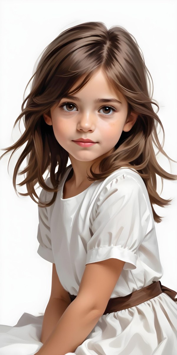 Caucasian Girl Age 7 With Brown Hair And Brown Eyes Wearing A White Dress Sitting In A White Background 9 B716