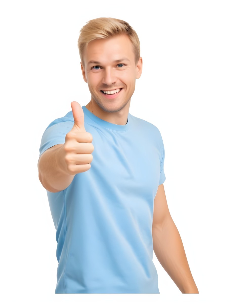 Caucasian Man 30 Years Old Blonde Hair Blue T Shirt Doing A Thumbs Up Gesture Isolated On White Background 4 1e01