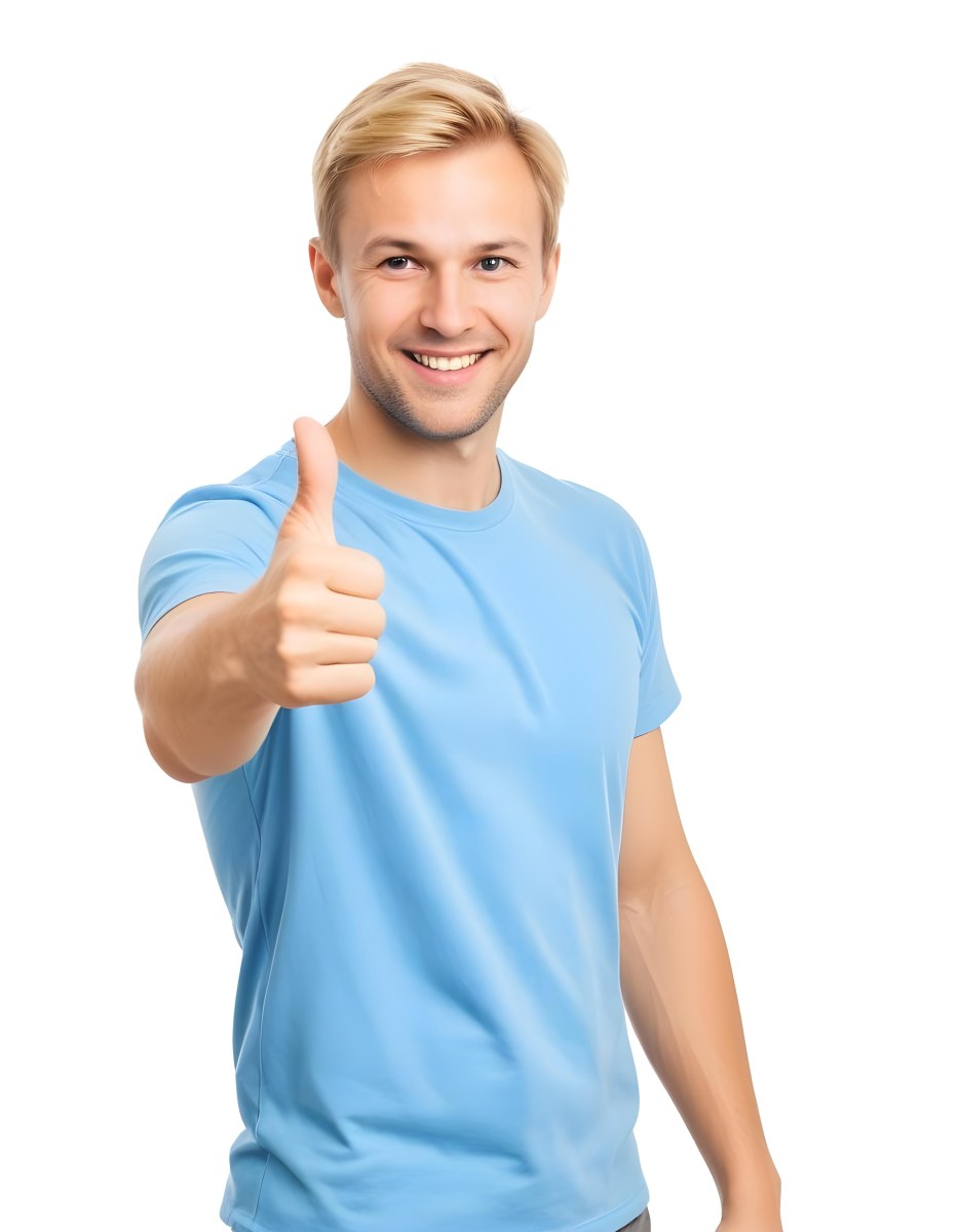 Caucasian Man 30 Years Old Blonde Hair Blue T Shirt Doing A Thumbs Up Gesture Isolated On White Background 5 6d47