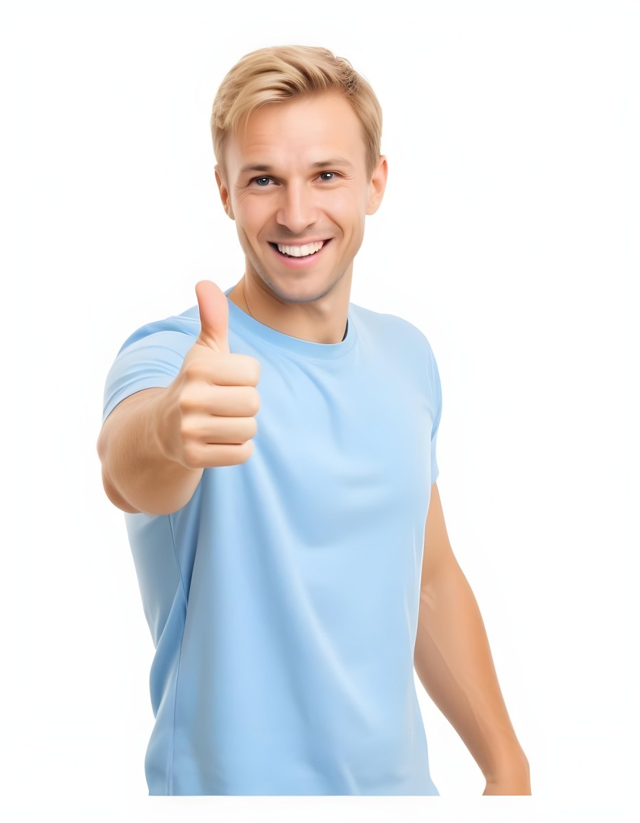 Caucasian Man 30 Years Old Blonde Hair Blue T Shirt Doing A Thumbs Up Gesture Isolated On White Background 6 0289