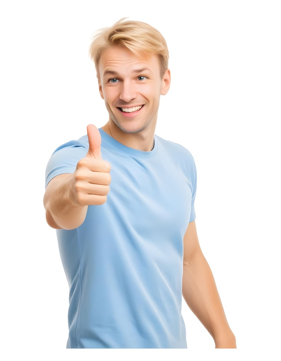 Caucasian Man 30 Years Old Blonde Hair Blue T Shirt Doing A Thumbs Up Gesture Isolated On White Background 6 C3d9