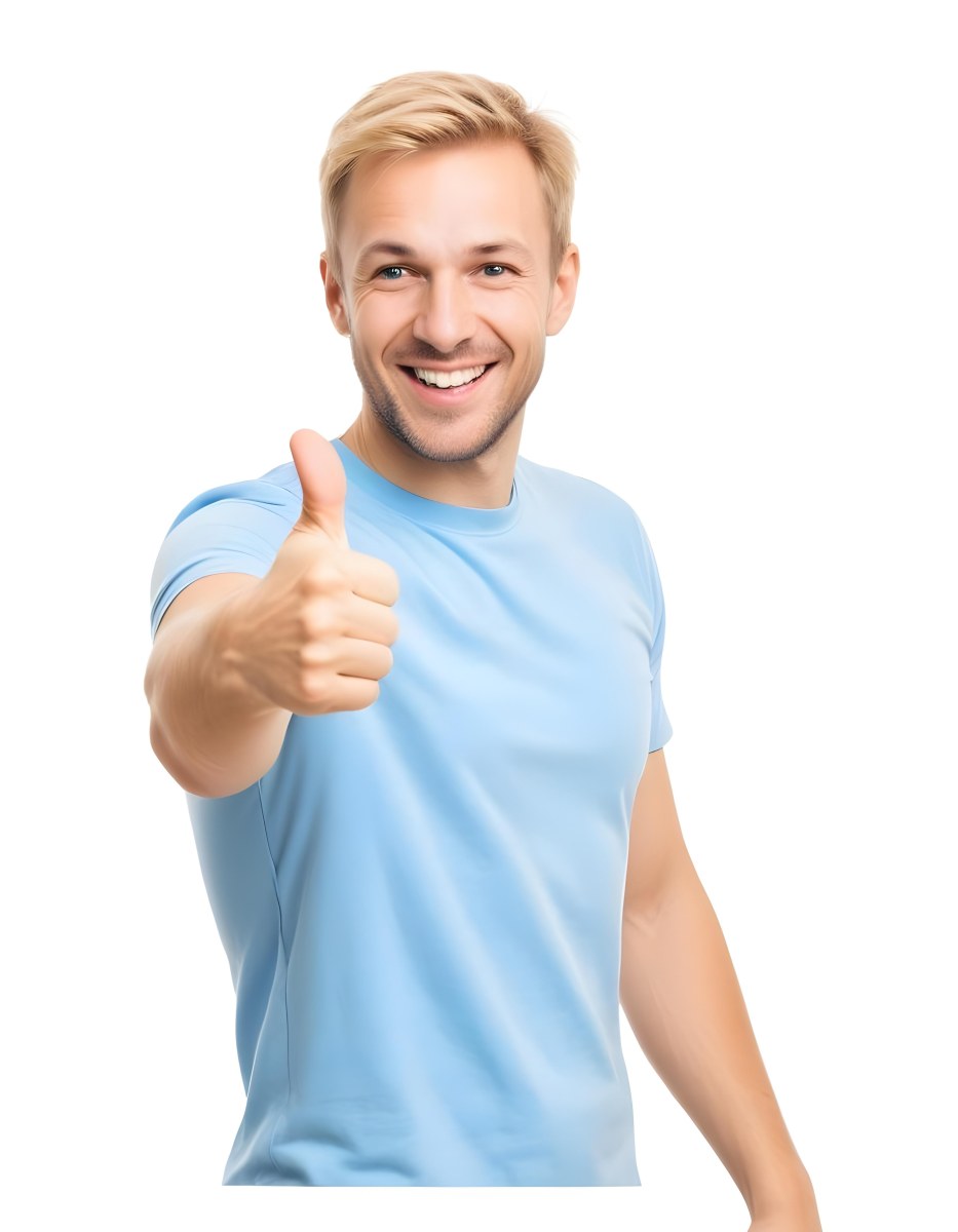 Caucasian Man 30 Years Old Blonde Hair Blue T Shirt Doing A Thumbs Up Gesture Isolated On White Background 7 77a6