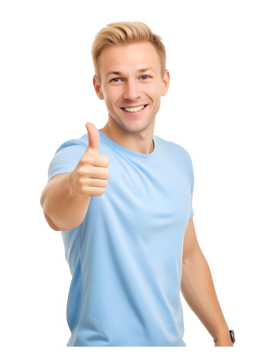 Caucasian Man 30 Years Old Blonde Hair Blue T Shirt Doing A Thumbs Up Gesture Isolated On White Background 9 6798