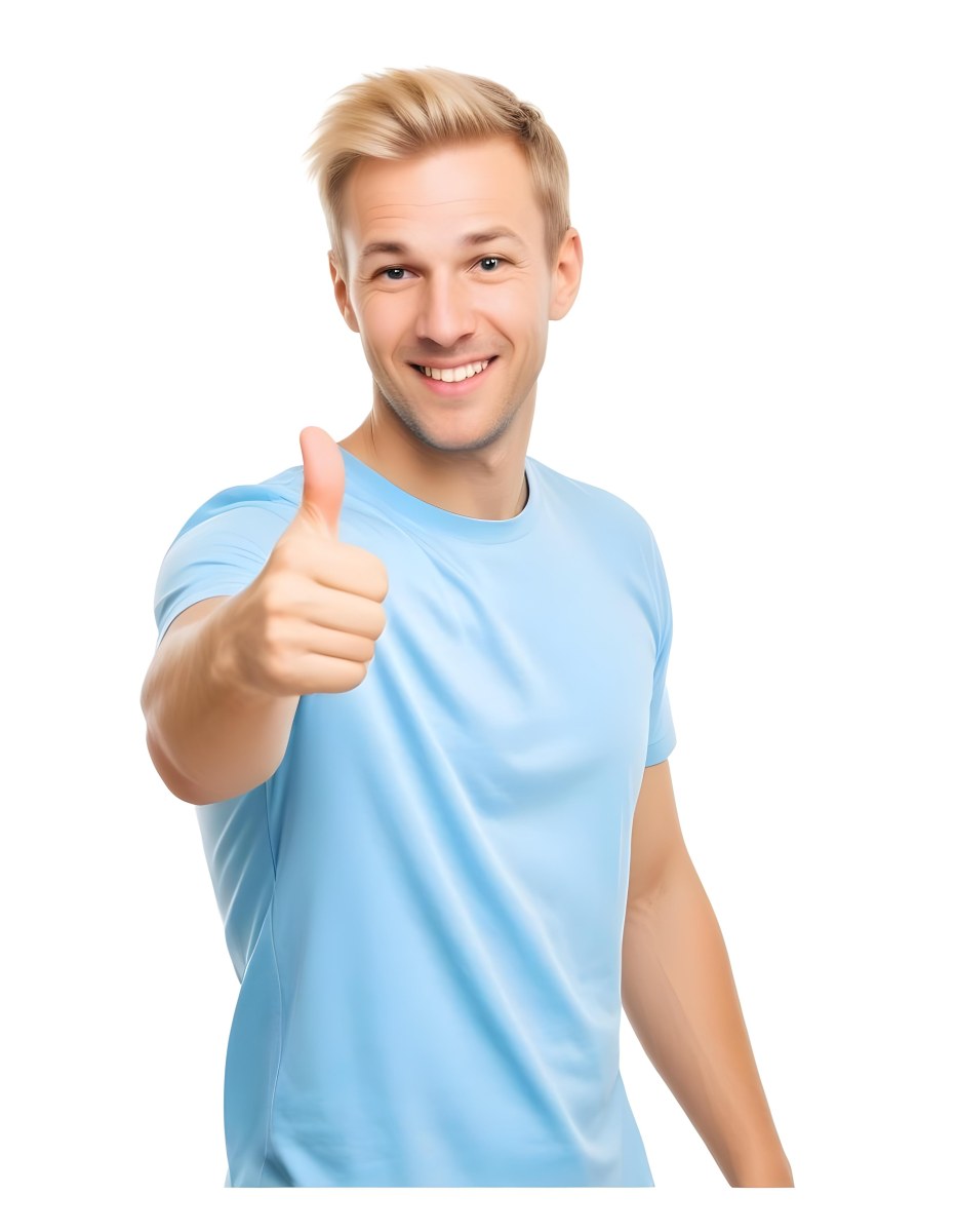 Caucasian Man 30 Years Old Blonde Hair Blue T Shirt Doing A Thumbs Up Gesture Isolated On White Background 9 Bf53