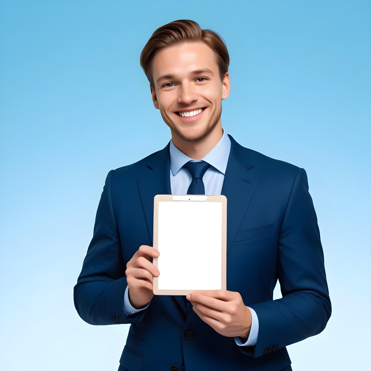 Caucasian Man In His 30s With Light Brown Hair Wearing A Blue Suit And Tie Smiling While Holding A Blank Tablet In Front Of Him Against A Light Blue Background 5 04c6