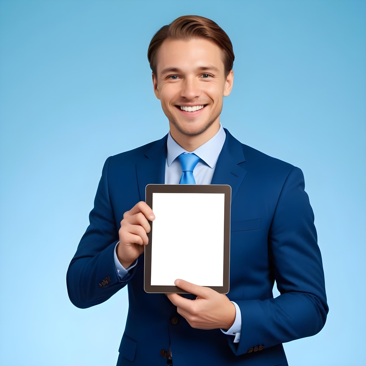 Caucasian Man In His 30s With Light Brown Hair Wearing A Blue Suit And Tie Smiling While Holding A Blank Tablet In Front Of Him Against A Light Blue Background 6 7c31
