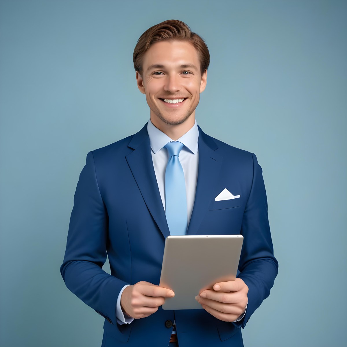 Caucasian Man In His 30s With Light Brown Hair Wearing A Blue Suit And Tie Smiling While Holding A Blank Tablet In Front Of Him Against A Light Blue Background 8 1df1