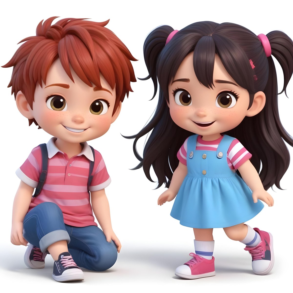 Colorful Flat Illustration Classical Animes A Boy With Red Hair Wearing A Red And White Striped Shirt And Blue Jeans Kneels On The Left A Girl With Long Black Hair Styled In Two Ponytails With Colorful Clips Stand 13 E430