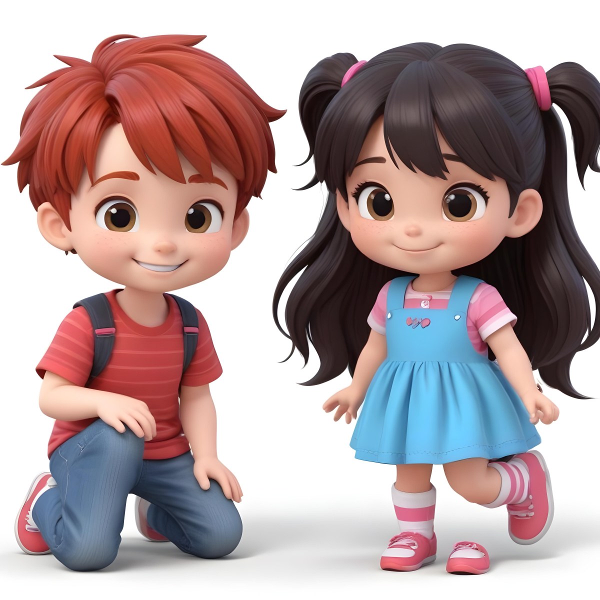 Colorful Flat Illustration Classical Animes A Boy With Red Hair Wearing A Red And White Striped Shirt And Blue Jeans Kneels On The Left A Girl With Long Black Hair Styled In Two Ponytails With Colorful Clips Stand 14 2edb