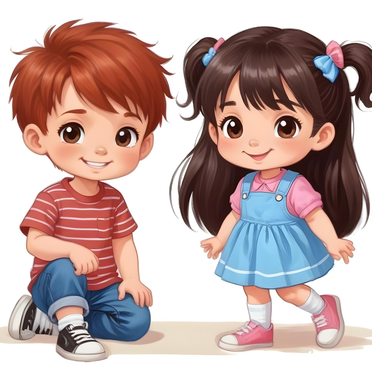Colorful Flat Illustration Classical Animes A Boy With Red Hair Wearing A Red And White Striped Shirt And Blue Jeans Kneels On The Left A Girl With Long Black Hair Styled In Two Ponytails With Colorful Clips Stand 20 0a8d