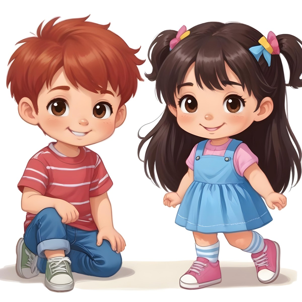 Colorful Flat Illustration Classical Animes A Boy With Red Hair Wearing A Red And White Striped Shirt And Blue Jeans Kneels On The Left A Girl With Long Black Hair Styled In Two Ponytails With Colorful Clips Stand 22 33fd