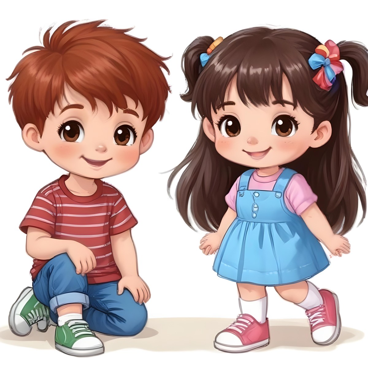 Colorful Flat Illustration Classical Animes A Boy With Red Hair Wearing A Red And White Striped Shirt And Blue Jeans Kneels On The Left A Girl With Long Black Hair Styled In Two Ponytails With Colorful Clips Stand 24 Fd9a