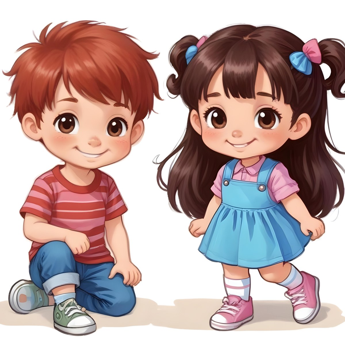 Colorful Flat Illustration Classical Animes A Boy With Red Hair Wearing A Red And White Striped Shirt And Blue Jeans Kneels On The Left A Girl With Long Black Hair Styled In Two Ponytails With Colorful Clips Stand 25 A3a4