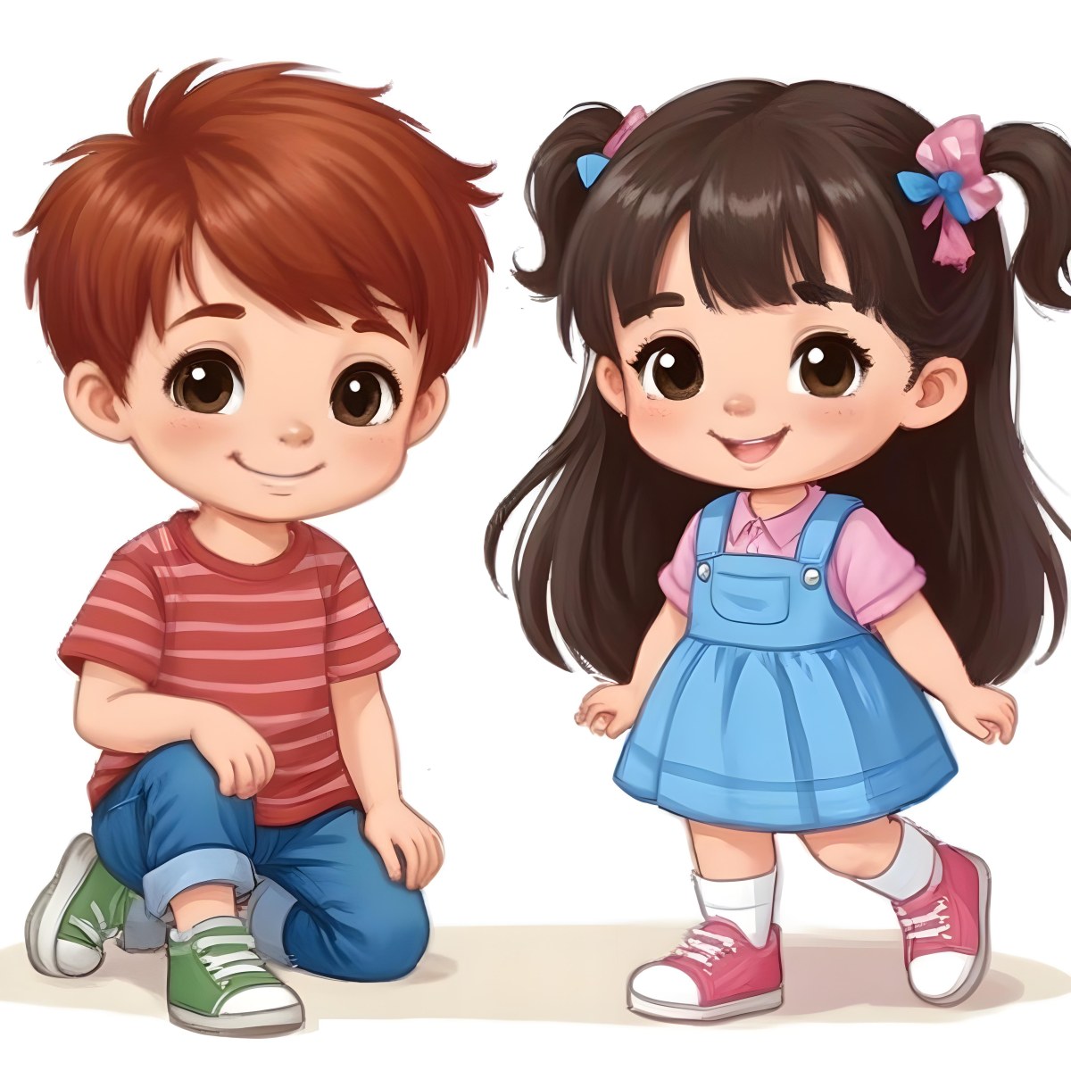 Colorful Flat Illustration Classical Animes A Boy With Red Hair Wearing A Red And White Striped Shirt And Blue Jeans Kneels On The Left A Girl With Long Black Hair Styled In Two Ponytails With Colorful Clips Stand 26 Afdd