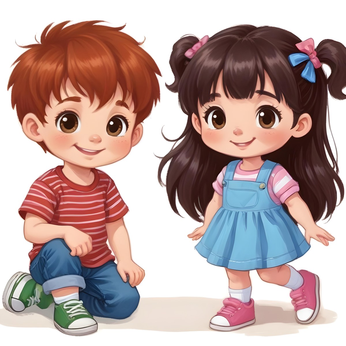 Colorful Flat Illustration Classical Animes A Boy With Red Hair Wearing A Red And White Striped Shirt And Blue Jeans Kneels On The Left A Girl With Long Black Hair Styled In Two Ponytails With Colorful Clips Stand 27 579d