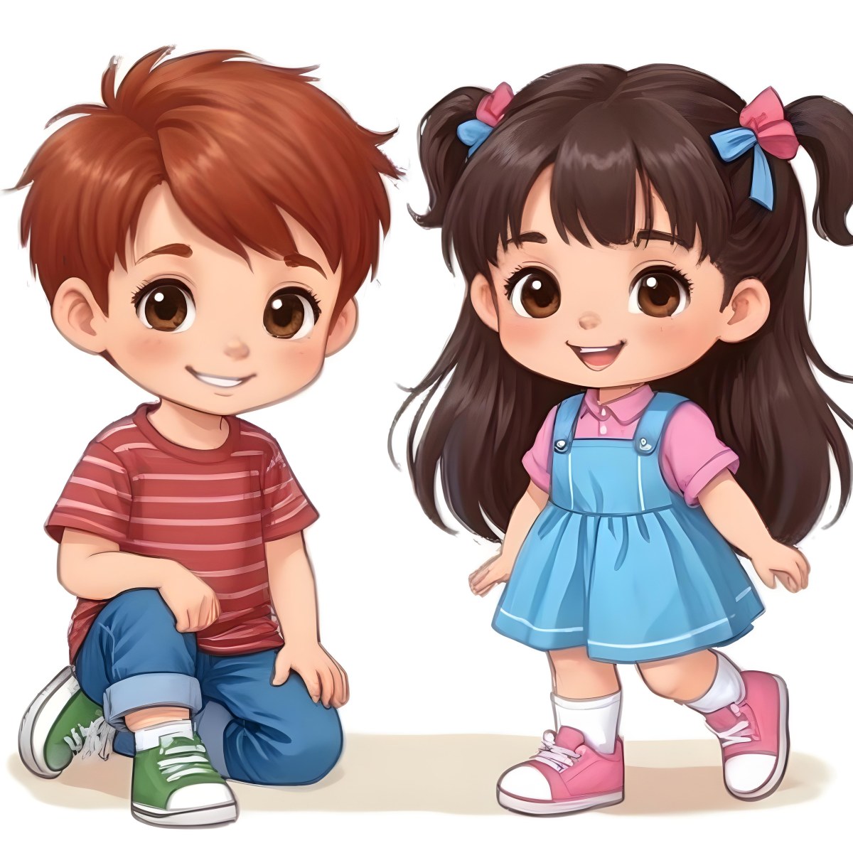 Colorful Flat Illustration Classical Animes A Boy With Red Hair Wearing A Red And White Striped Shirt And Blue Jeans Kneels On The Left A Girl With Long Black Hair Styled In Two Ponytails With Colorful Clips Stand 28 70b4
