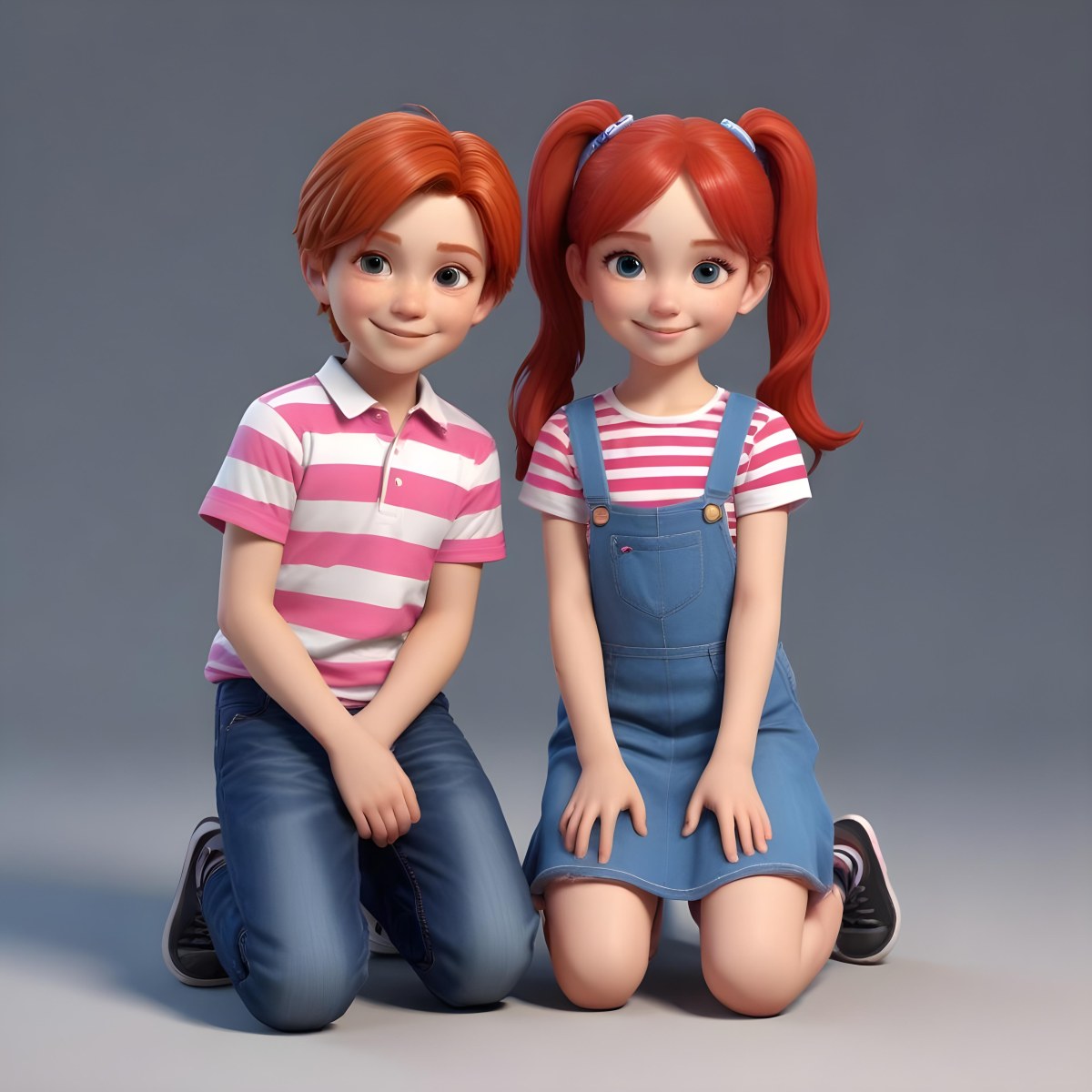 Colorful Flat Illustration Classical Animes A Boy With Red Hair Wearing A Red And White Striped Shirt And Blue Jeans Kneels On The Left A Girl With Long Black Hair Styled In Two Ponytails With Colorful Clips Stand 5 4b31