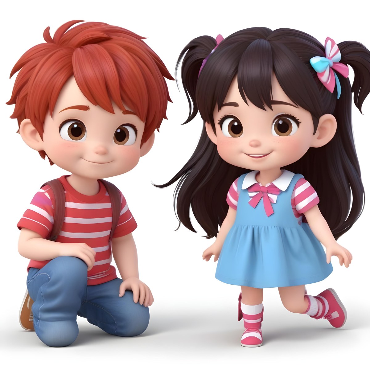 Colorful Flat Illustration Classical Animes A Boy With Red Hair Wearing A Red And White Striped Shirt And Blue Jeans Kneels On The Left A Girl With Long Black Hair Styled In Two Ponytails With Colorful Clips Stand 6 0ac7