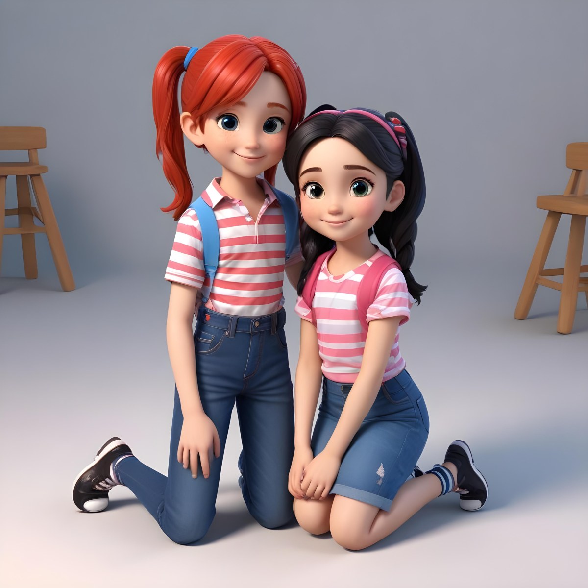 Colorful Flat Illustration Classical Animes A Boy With Red Hair Wearing A Red And White Striped Shirt And Blue Jeans Kneels On The Left A Girl With Long Black Hair Styled In Two Ponytails With Colorful Clips Stand 7 747f