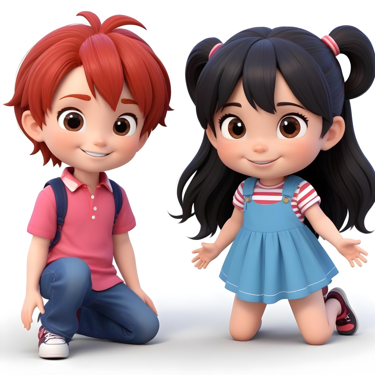 Colorful Flat Illustration Classical Animes A Boy With Red Hair Wearing A Red And White Striped Shirt And Blue Jeans Kneels On The Left A Girl With Long Black Hair Styled In Two Ponytails With Colorful Clips Stand 8 02ed