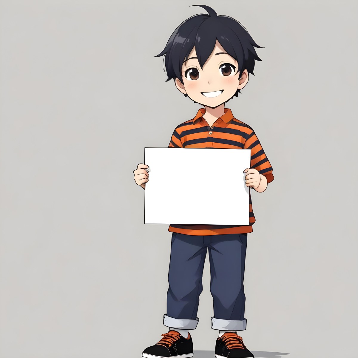 Colorful Flat Illustration Classical Animes A Caucasian Boy Around 8 Years Old With Short Black Hair Wearing A Orange And Navy Striped Shirt Dark Pants And Black Shoes He Is Smiling And Holding A Blank Gray Sign I 10 F324