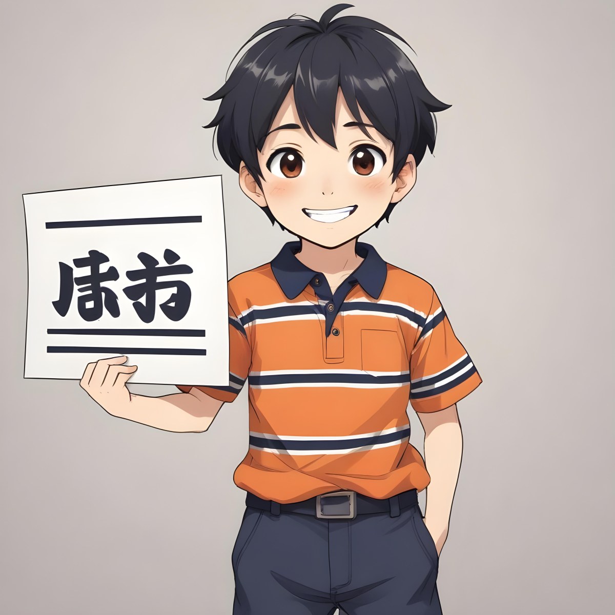 Colorful Flat Illustration Classical Animes A Caucasian Boy Around 8 Years Old With Short Black Hair Wearing A Orange And Navy Striped Shirt Dark Pants And Black Shoes He Is Smiling And Holding A Blank Gray Sign I 11 A03b