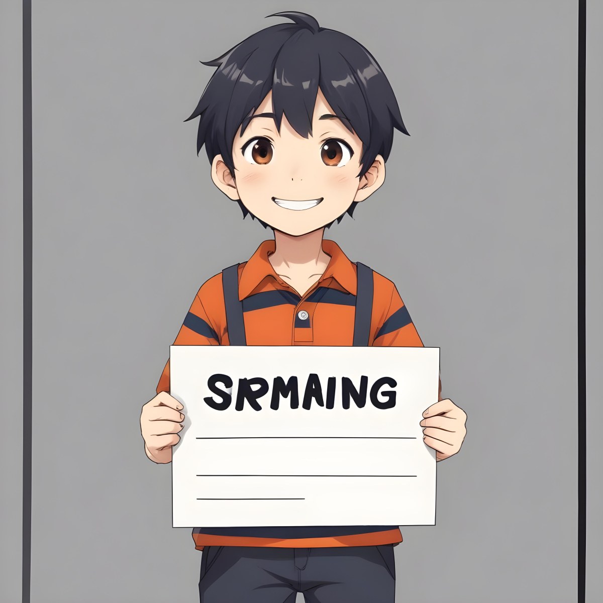 Colorful Flat Illustration Classical Animes A Caucasian Boy Around 8 Years Old With Short Black Hair Wearing A Orange And Navy Striped Shirt Dark Pants And Black Shoes He Is Smiling And Holding A Blank Gray Sign I 12 4d9c