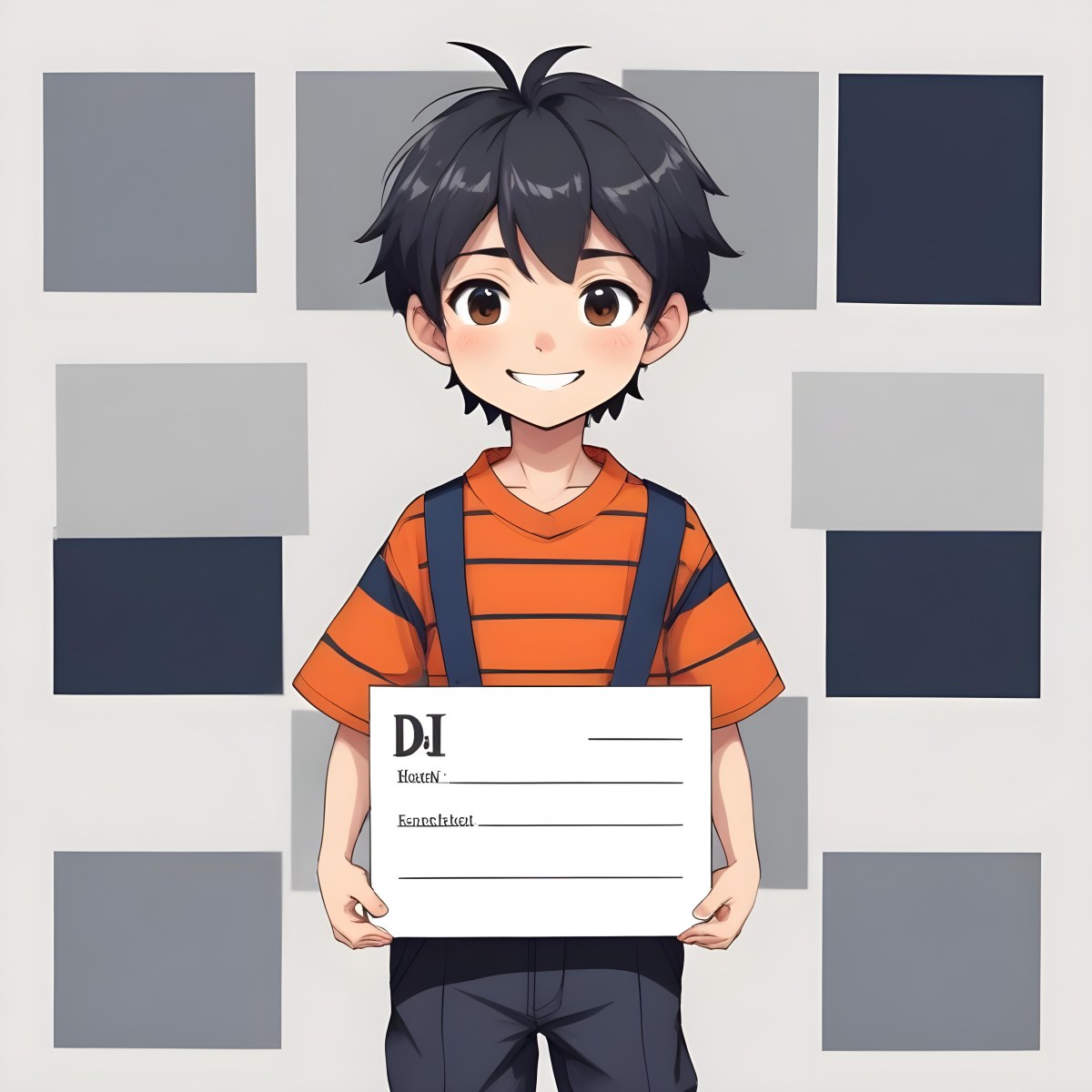Colorful Flat Illustration Classical Animes A Caucasian Boy Around 8 Years Old With Short Black Hair Wearing A Orange And Navy Striped Shirt Dark Pants And Black Shoes He Is Smiling And Holding A Blank Gray Sign I 14 153b