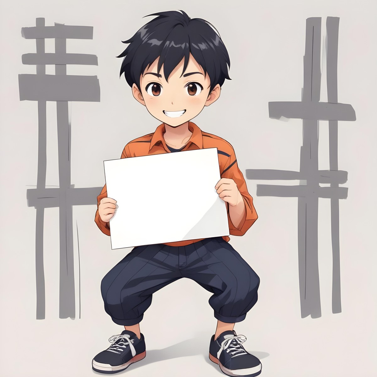 Colorful Flat Illustration Classical Animes A Caucasian Boy Around 8 Years Old With Short Black Hair Wearing A Orange And Navy Striped Shirt Dark Pants And Black Shoes He Is Smiling And Holding A Blank Gray Sign I 3 36fc