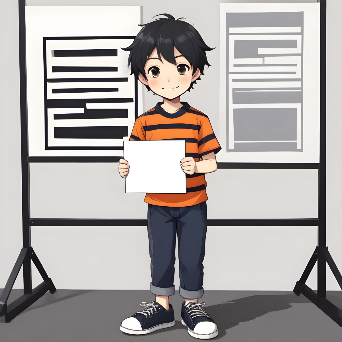 Colorful Flat Illustration Classical Animes A Caucasian Boy Around 8 Years Old With Short Black Hair Wearing A Orange And Navy Striped Shirt Dark Pants And Black Shoes He Is Smiling And Holding A Blank Gray Sign I 4 9409