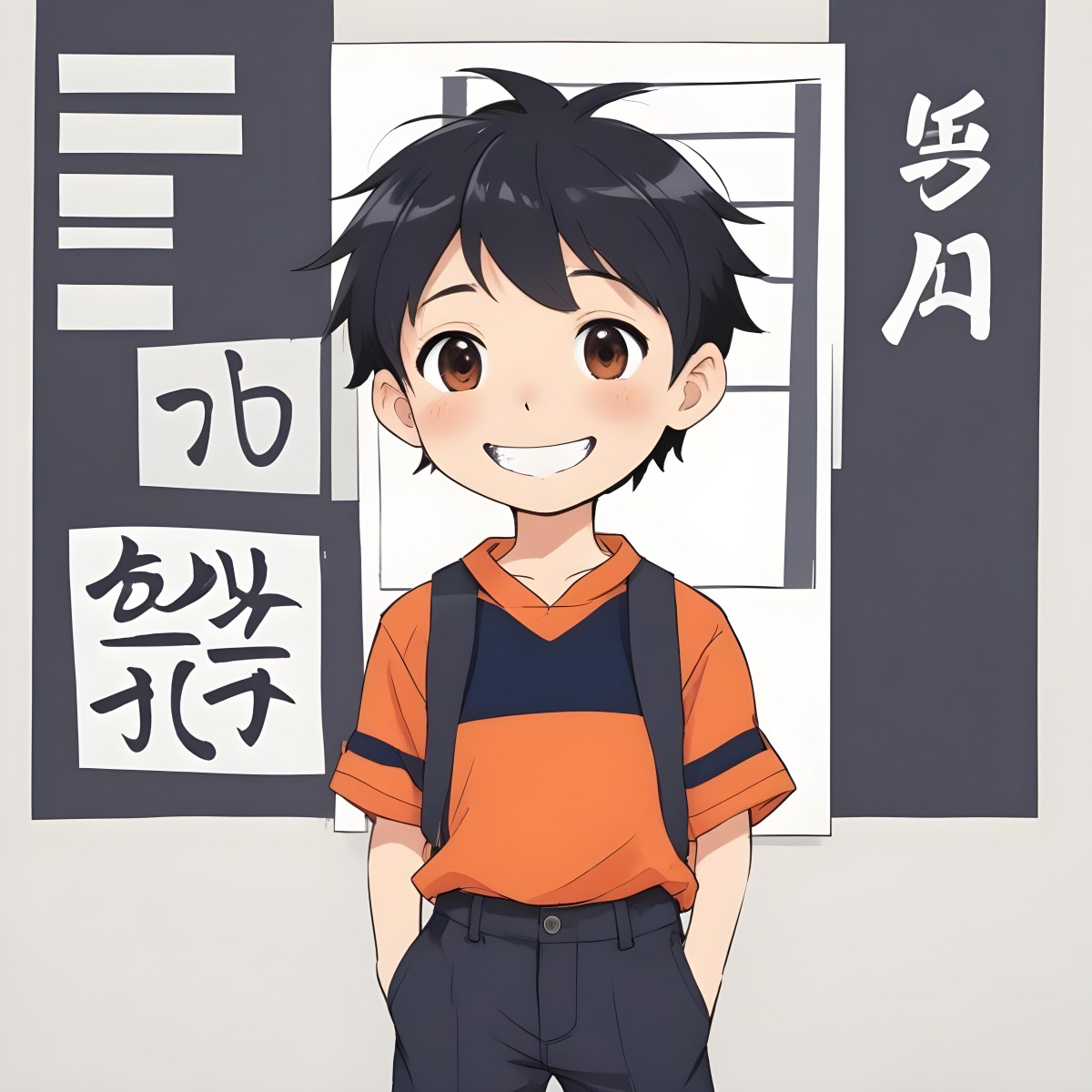 Colorful Flat Illustration Classical Animes A Caucasian Boy Around 8 Years Old With Short Black Hair Wearing A Orange And Navy Striped Shirt Dark Pants And Black Shoes He Is Smiling And Holding A Blank Gray Sign I 5 472d