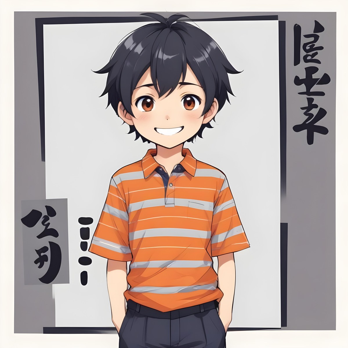 Colorful Flat Illustration Classical Animes A Caucasian Boy Around 8 Years Old With Short Black Hair Wearing A Orange And Navy Striped Shirt Dark Pants And Black Shoes He Is Smiling And Holding A Blank Gray Sign I 6 E10d