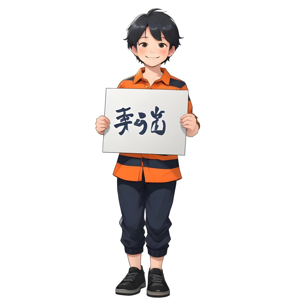 Colorful Flat Illustration Classical Animes A Caucasian Boy Around 8 Years Old With Short Black Hair Wearing A Orange And Navy Striped Shirt Dark Pants And Black Shoes He Is Smiling And Holding A Blank Gray Sign I 9 E459
